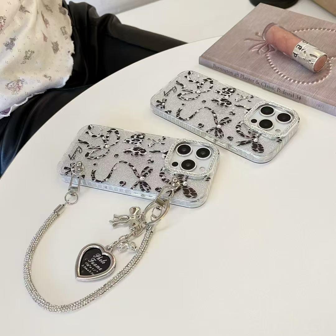iPhone 15 Pro Cute Black Ribbon Heart Case Cover With Charm