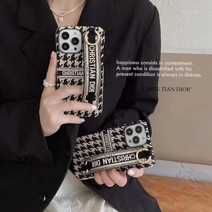 iPhone 14 Luxury CD Wrist Belt Leather Mobile Case Cover