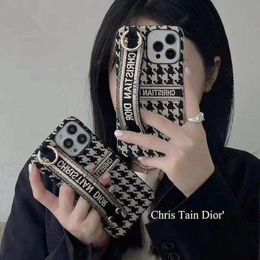 iPhone 14 Luxury CD Wrist Belt Leather Mobile Case Cover
