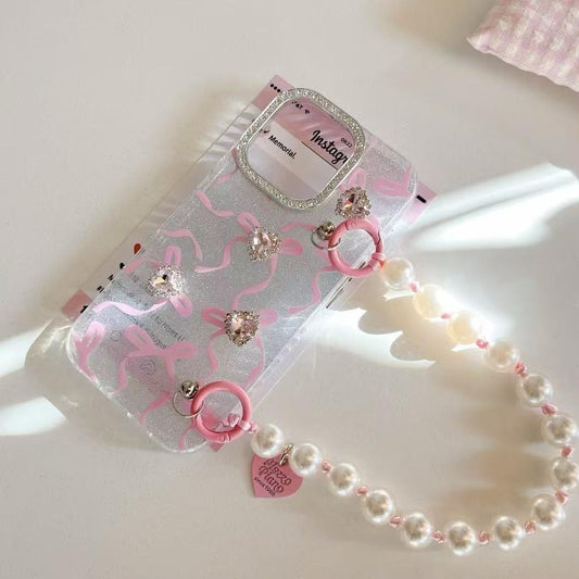 iPhone 16 Pro Max Cute Pink Ribbon Case Cover With Pearl Charm