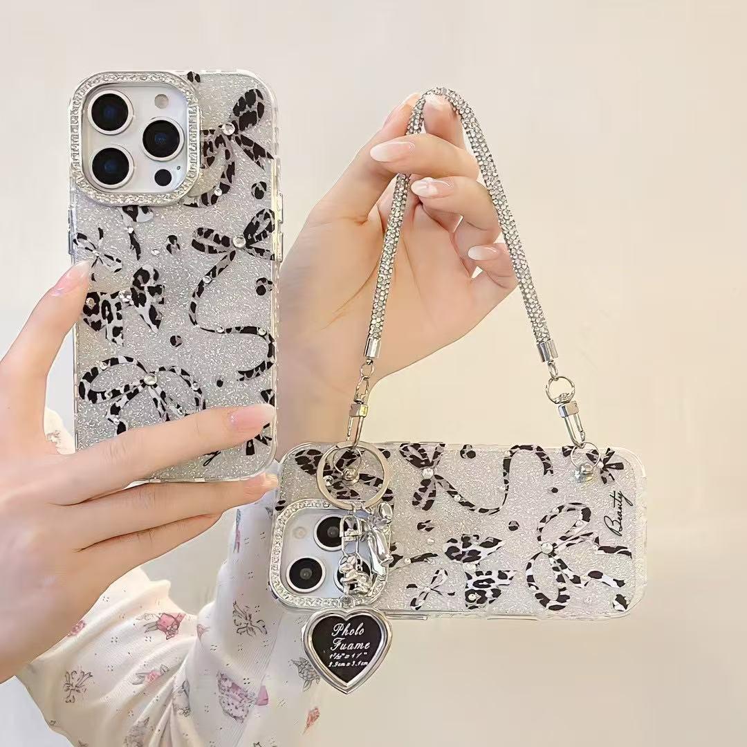 iPhone 15 Pro Max Cute Black Ribbon Heart Case Cover With Charm